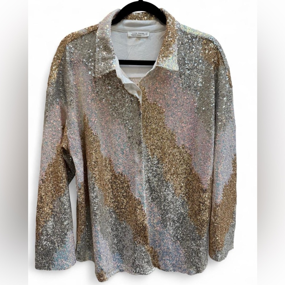 12th Tribe Sequin Button Up Shirt Large Gold Silver Party Top - Picture 1 of 8